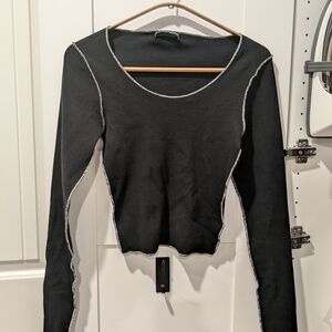 Brandy Melville Black Long Sleeve Top with White Stitching